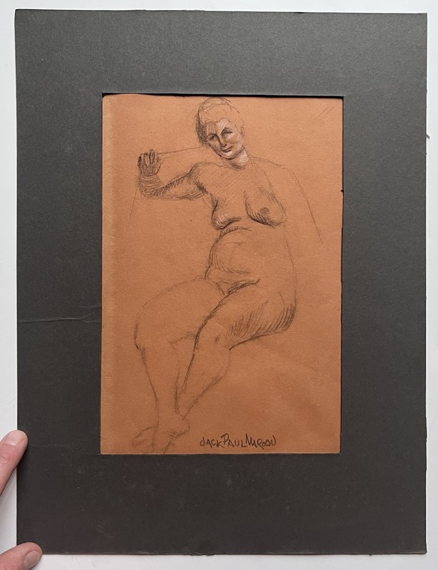 Vintage 40s Risqué Rubenesque Woman Lady Oil Pastel Drawing Jack Paul Maroon NYC gallery