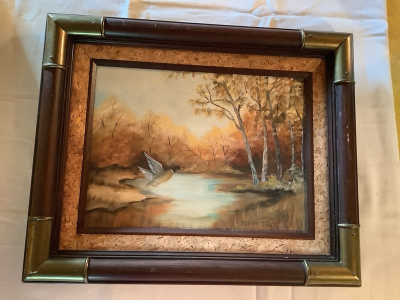 Oil on Canvas Duck Flying Over Pond SIGNED – PEGGY POOLANY? Nice Frame 17 x 14