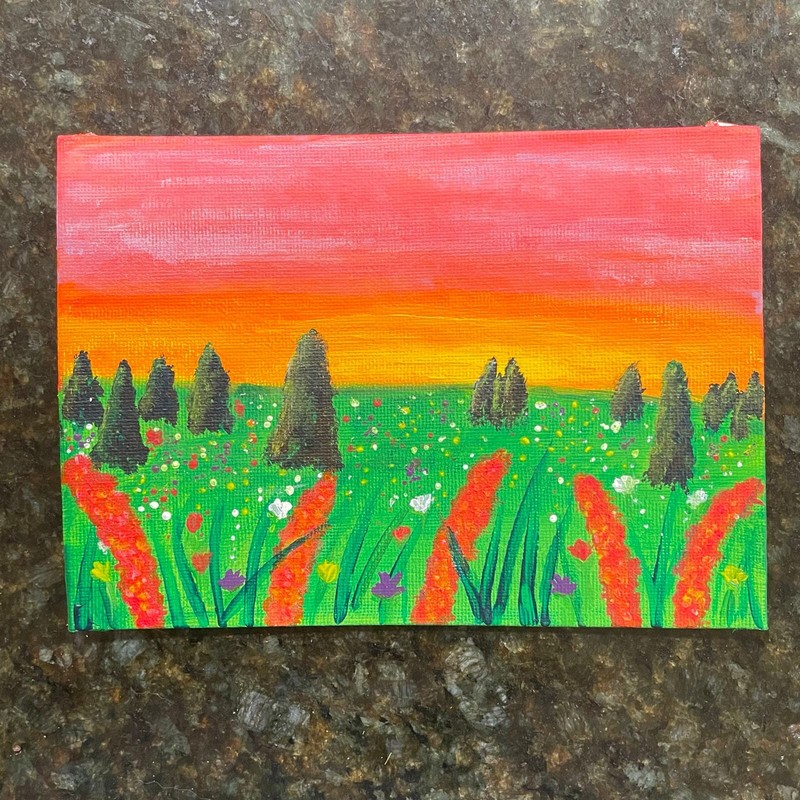 Handmade acrylic painting landscape wild flowers 5X7