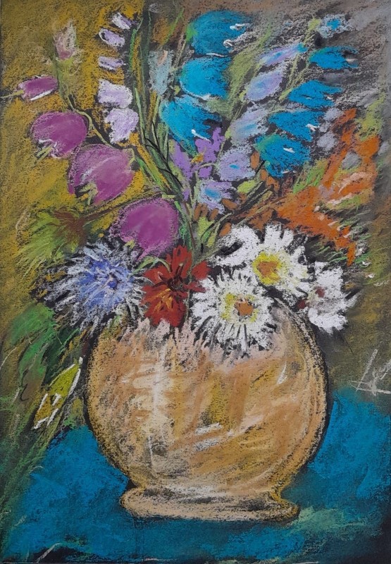 Original Floral Still Life Dry Pastel Painting Blue White Flowers 8.3 × 11.4 in