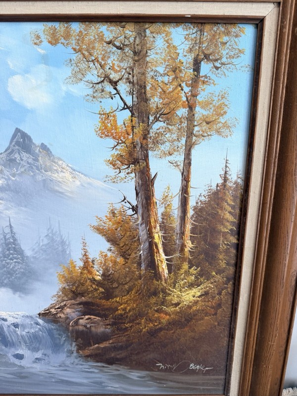 Bishop Signed Framed Realism Canvas Mountain Landscape Waterfall Forest River gallery