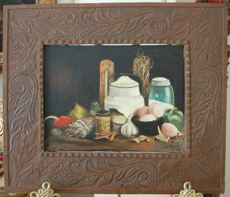 VTG ORIGINAL OIL SIGNED AYDA 67 TOOLED LEATHER FRAMED FOOD CONDIMENT STILL LIFE gallery