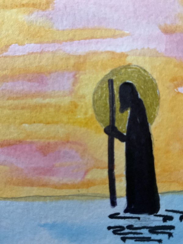 ACEO watercolor art by PJ, art card 2.5 x 3.5: He walks on water.
