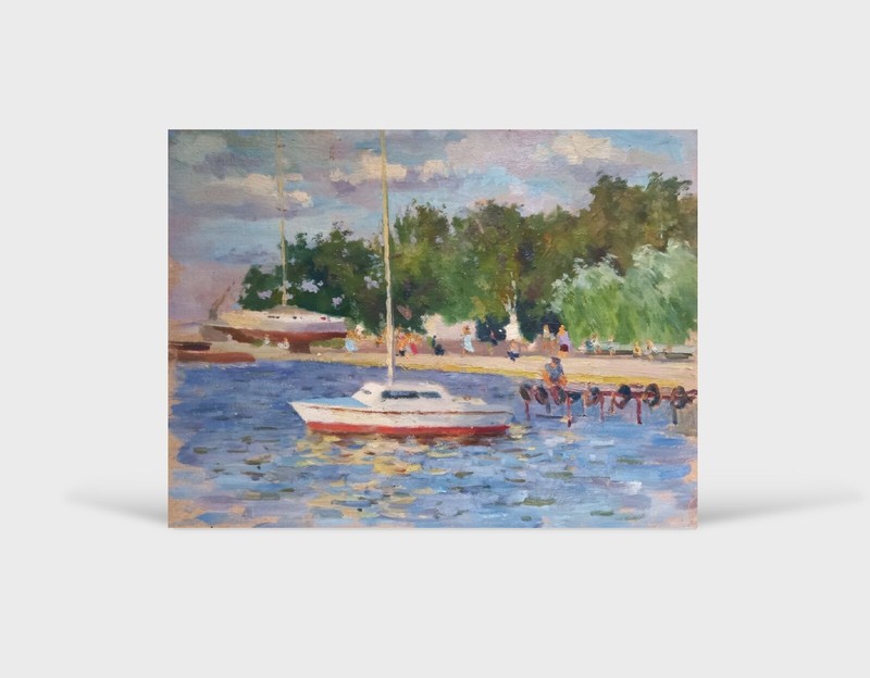 Oil painting Yacht Ukrainian painter cardboard original seaside landscape art
