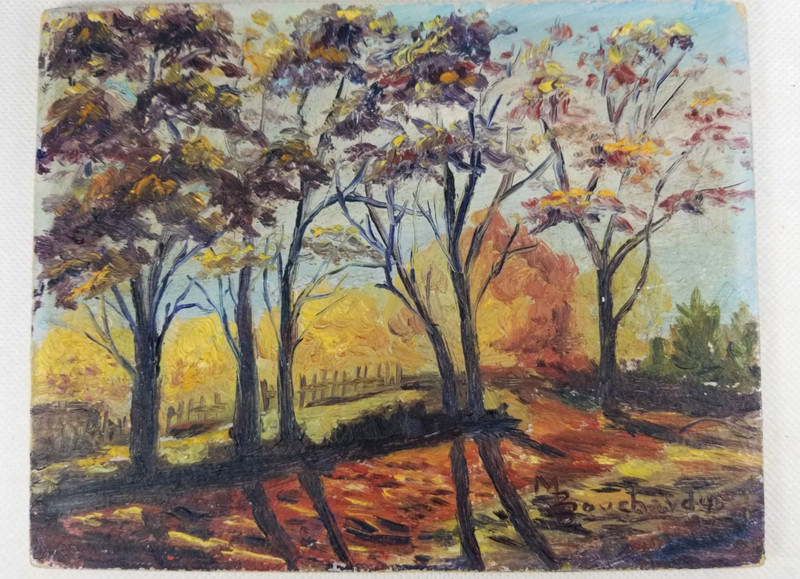 American School Oil on Paper Board Landscape Painting signed M Bouchard 45
