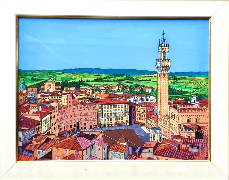 Reverse Painting on Glass, Siena Piazza del Campo, Marlene Horn 17″x21″ Overall