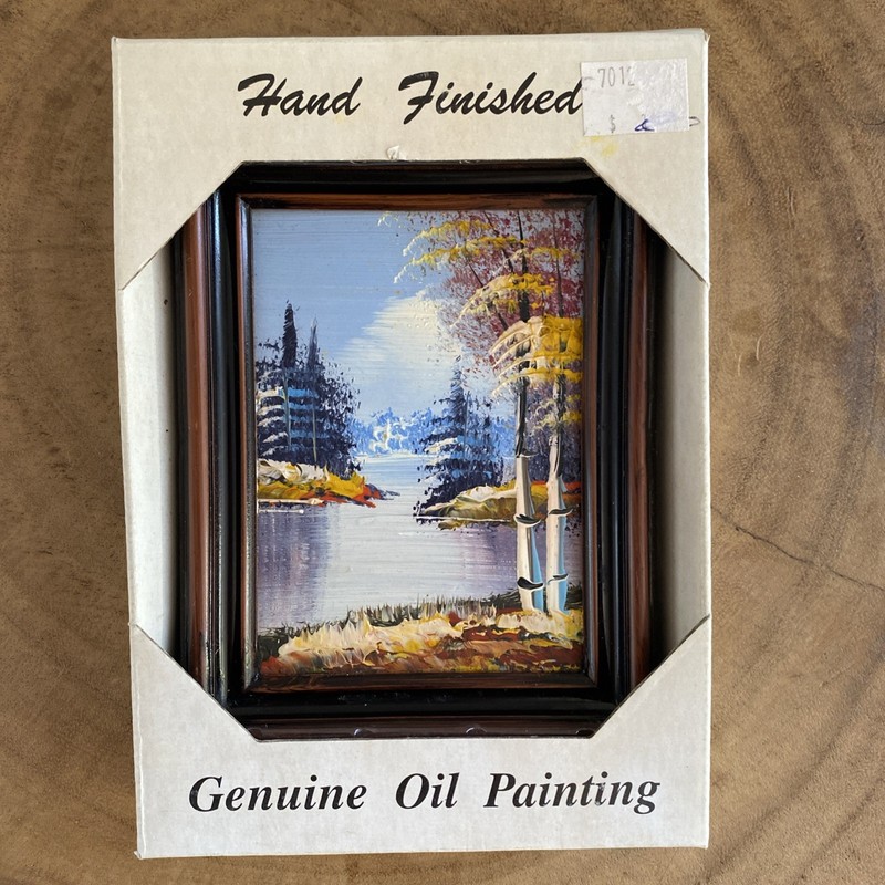 Genuine Oil Painting, Landscape Of The Lake/Mtns, Faux Wood Frame w/ Orig Box