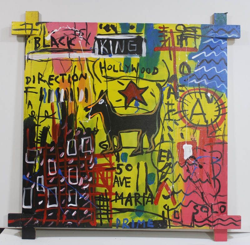 JEAN-MICHEL BASQUIAT ACRYLIC ON CANVAS 1982 WITH TIED WOOD SUPPORTS 35 X 35 in gallery