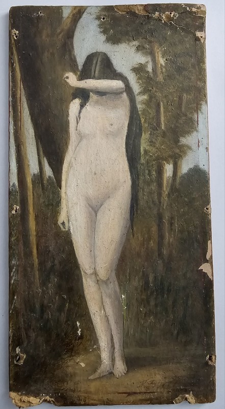 Antique 19th Century Painting of Nude Eve in the Garden of Eden, Signed…