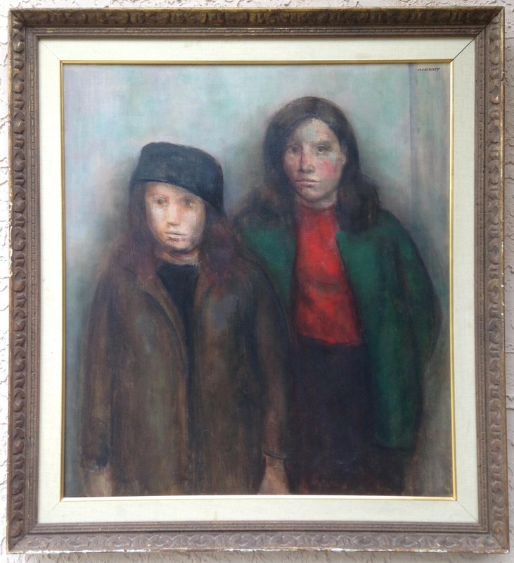 MID-CENTURY MODERN Oil ~ DISTURBING DOUBLE PORTRAIT ~ 1950s Great MARVIN CHERNEY