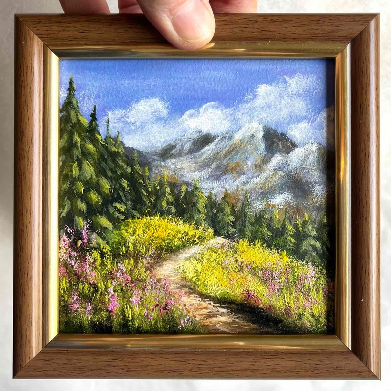 Orignal Oil Painting Landscape Mountain Forest Wildflowers Wall Art 4 x 4 in