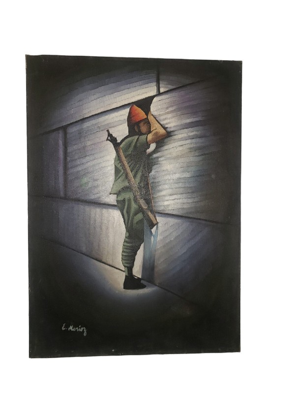 Vintage Elyada Merioz Israeli Soldier Praying Western Wall Oil Painting