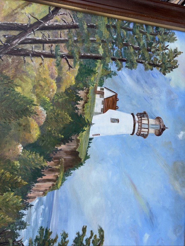 Acrylic painting lighthouse trees 33 x 27 1/2 gallery