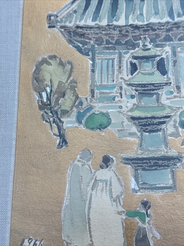 VINTAGE PAINTING TEMPLE ILLUSTRATION STYLE MODERNIST MYSTERY SIGNED 1966 gallery