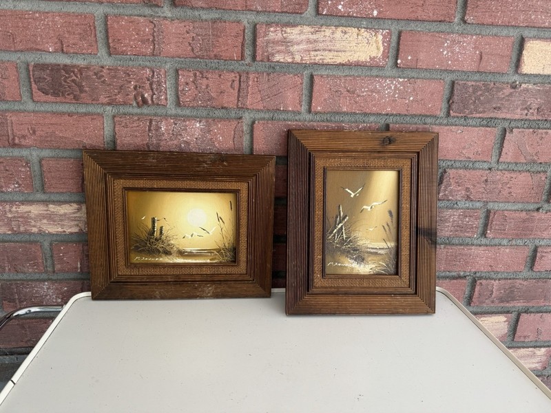 P Sandee Oil Painting Seascape Framed 11.5 x 9.5 MCM Seagulls Signed Pair