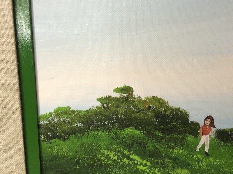Original Vergara Acrylic On Canvas Board Painting Little Girl Grassy Hill Birds gallery