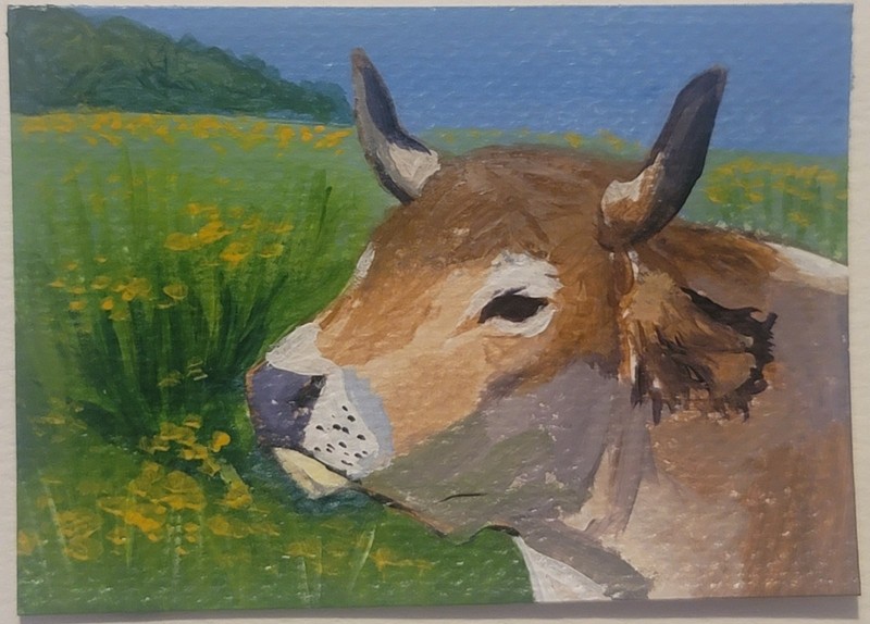 ACEO Original Abstract Animal Cow Mini Art Painting Farm Animals