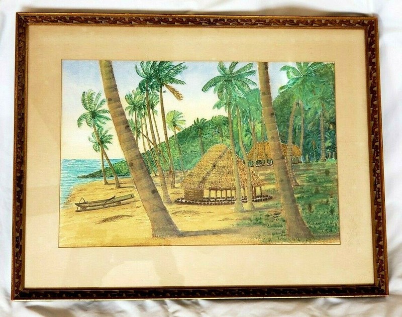 Watercolor Painting R. Kean Signed AMOULI VILLAGE GUEST HOUSE AMERICAN SAMOA
