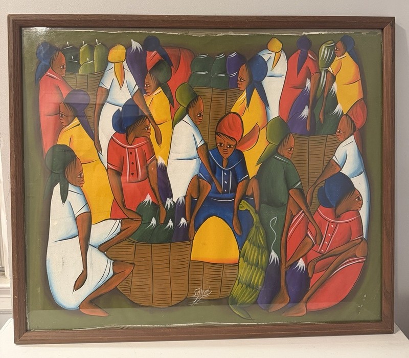 VTG Haitian Oil on Canvas Native Market Painting by Sonel 25 In X 21 In