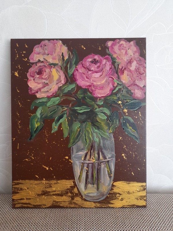 roses original oil painting, roses in vase wall art, flowers painting on canvas