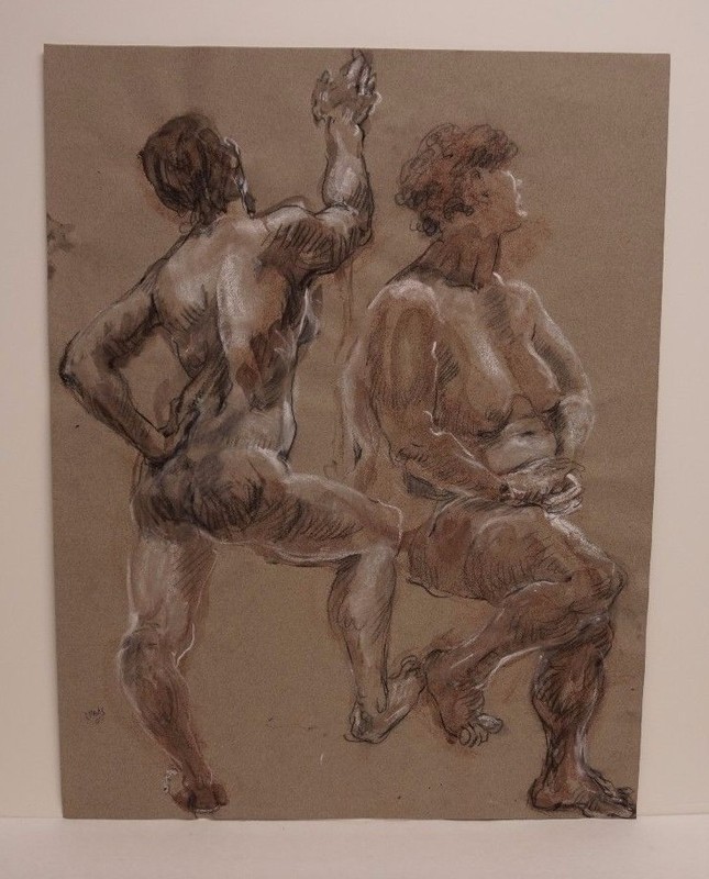 Lois Davis Two Male Nudes Pastel Watercolor Drawing Indiana Artist 25×20