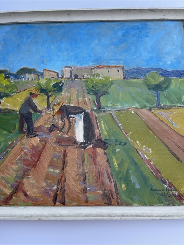 ANTIQUE Farm Farming Painting Impressionism Modernism 1950’s Mid Century Oil gallery