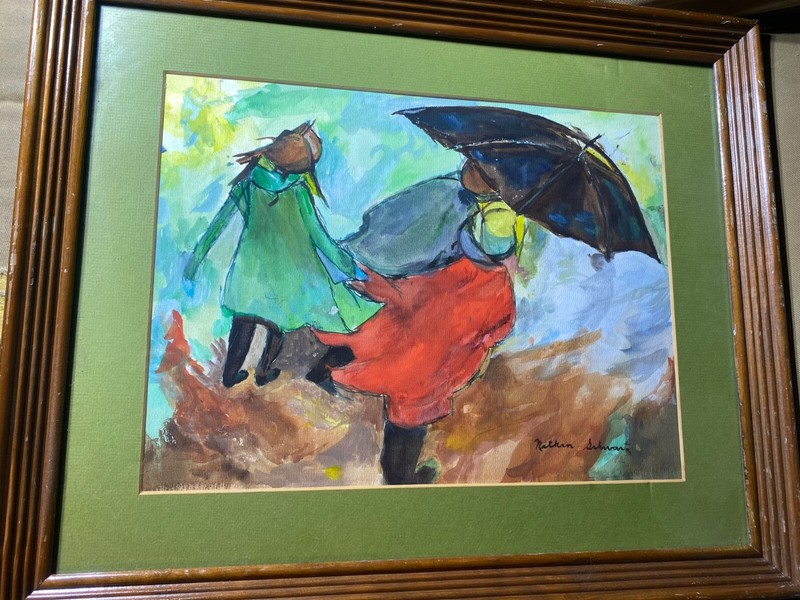 Nathan Schwartz «Rainy Day With Figures» – Watercolor Painting – Signed/Framed