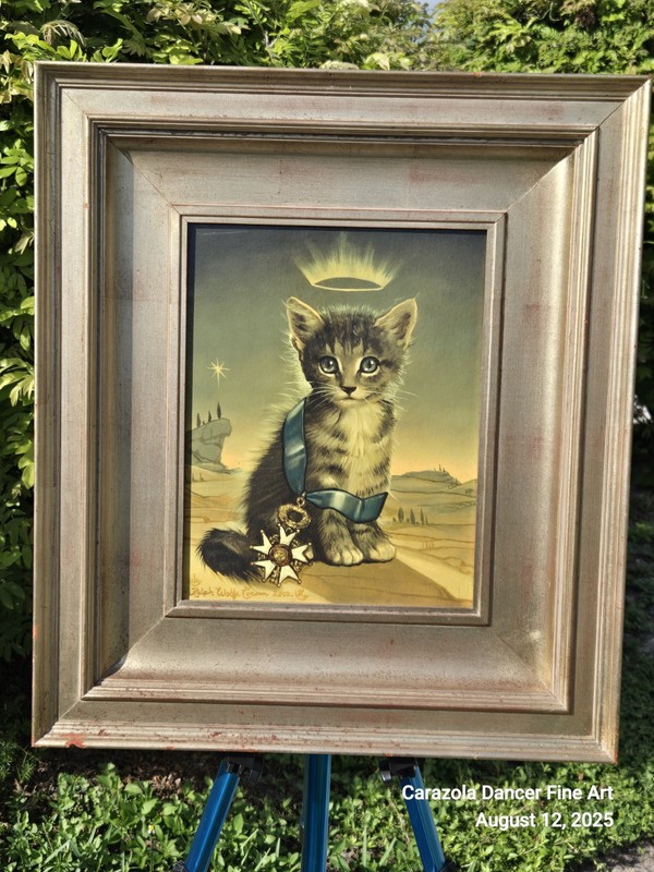 Signed Oil Painting by Ralph Wolfe Cowan Tiger Stripe cat with Crown 2002
