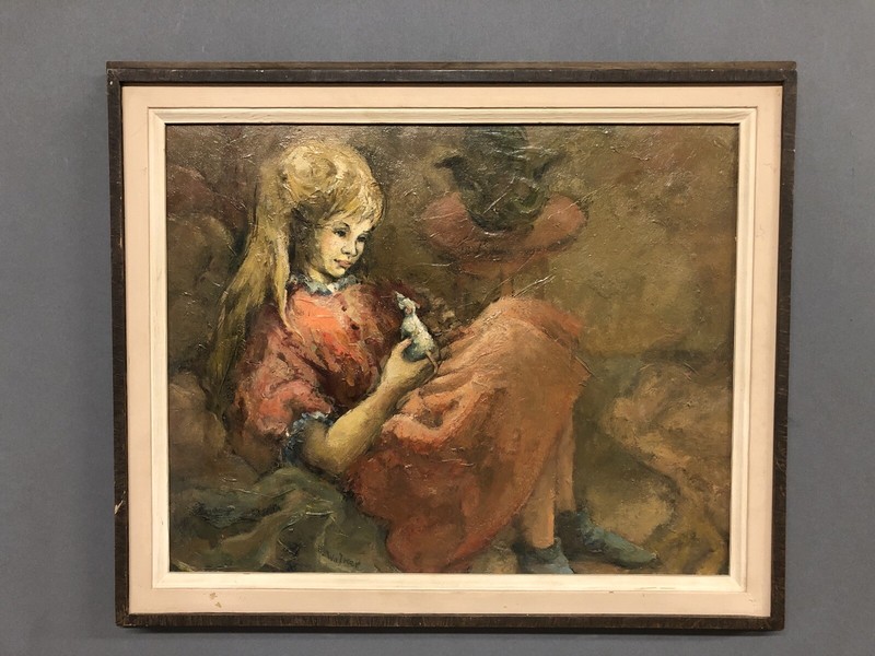 Barbara Walker 1965 Oil On Masonite Of A Girl W/Mouse 20” X 24”