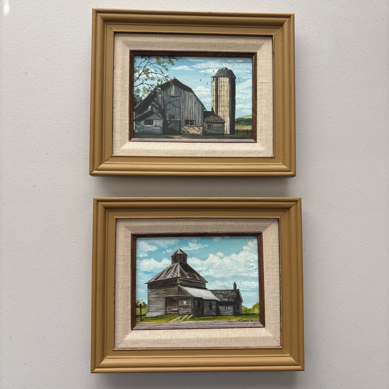 Set of 2 Original Oil Paintings Farm Country Cottagecore Framed Artist Signed