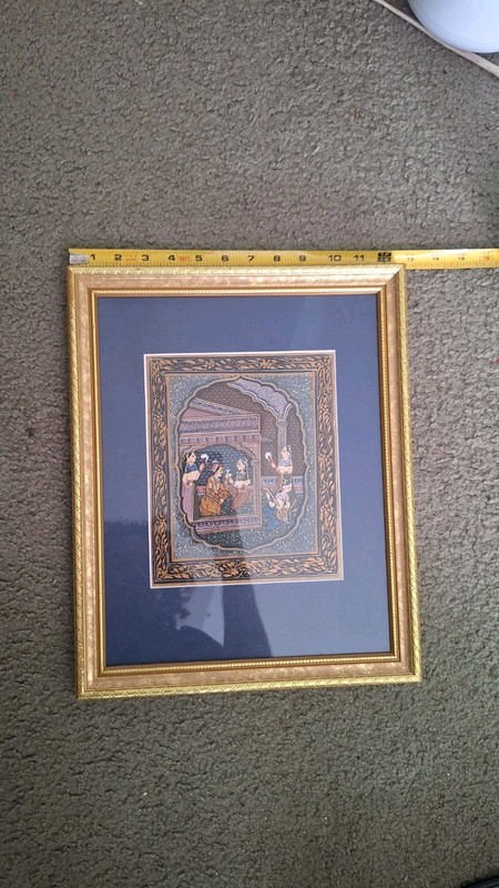 Vintage Indian Mughal Miniature Silk Painting Art Framed Hand-Painted Scene