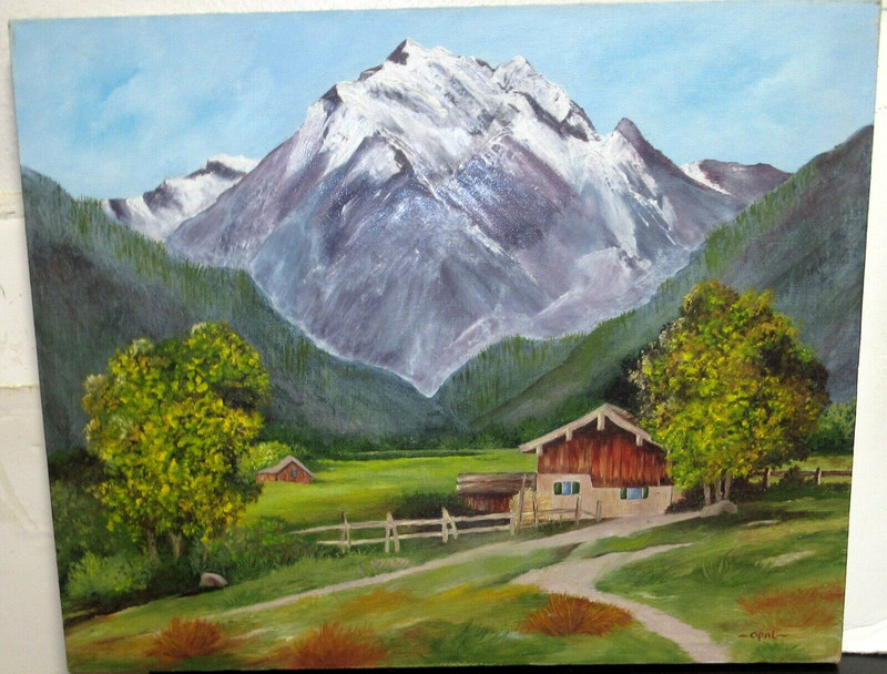 OPAL ORIGINAL OIL ON CANVAS CABIN SNOW MOUNTAIN LANDSCAPE PAINTING