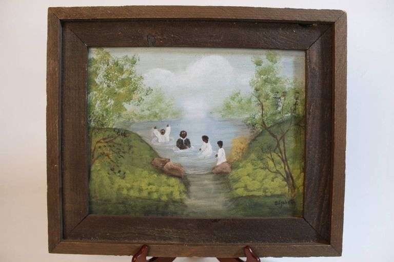 African American Folk Art Baptism Scene Painting Framed 18×15
