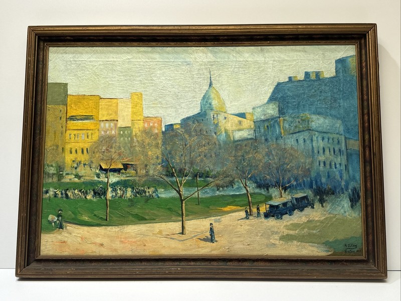 American Landscape Painting Impressionist Antique Boston 1910’s Street Large