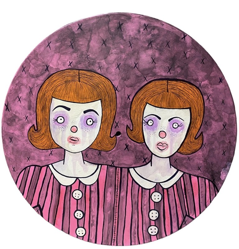 Original Painting Clown Girls Twins Oddity Art Vinyl Record Goth Circus Ooak