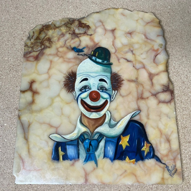 Signed Clown Oil Painting On Marble Slab 14 1/4 X 12 1/4”