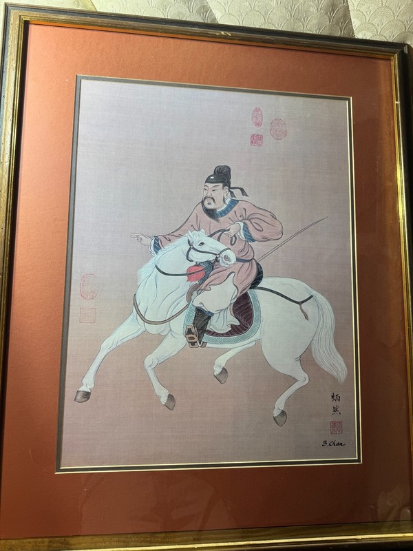 Superb Large B Chan «Asian Man On Horseback» Watercolor Painting – Signed/Framed
