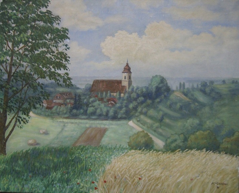 H.Ketterer Oil Painting° Small Village With Church Nature Botany° Sign Dat.