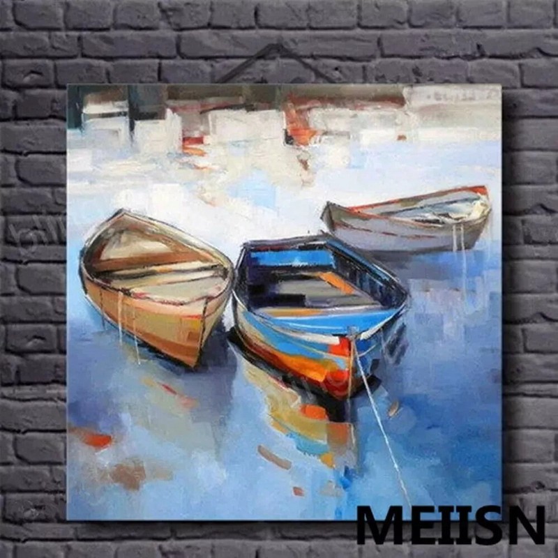 MQ572 Stretched Canvas Frame / Unframed Handmade Boats Landscape Oil Painting