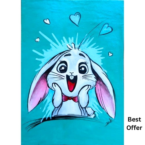 ACEO Original Rabbit Cute Animal Anime Cartoon Abstract Hand Painting Art Card