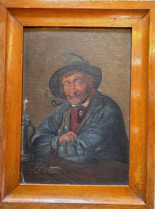 Oil Painting Bauernporträt Man with Pipe And Hat Before Beer Mug Blue Jacket