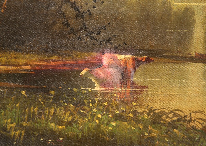 Beautiful Antique Landscape with Cows and People by the lake gallery