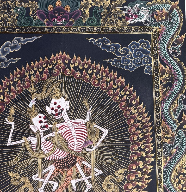 CITIPATI/ DANCING SKELETON/ HAPPY COUPLE OIL-VARNISHED TIBETAN THANGKA PAINTING gallery