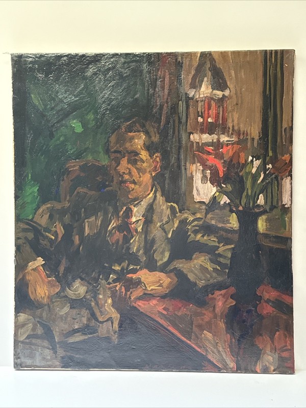 ANTIQUE IMPRESSIONIST PAINTING 1910'S SIGNED OIL PORTRAIT MAN IN SUIT MYSTERY gallery
