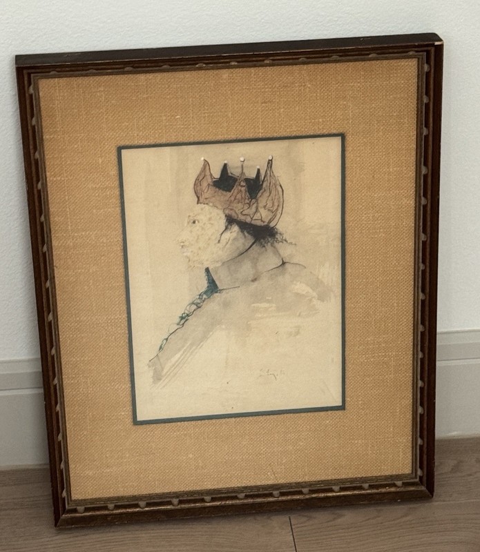 Ramon Santiago Original 1966 Mixed Media Painting King Crown Portrait Signed
