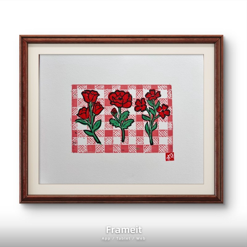 Original Red Florals 1 Linocut Print By Alannah Dyer- Acrylic 8×10 in. Nature