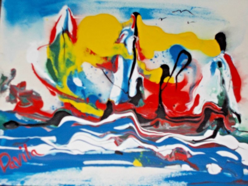 «SHIP AT SEA» ORIGINAL ABSTRACT ACRYLIC PAINTING BY US ARTIST, SIGNED, 8″X10″
