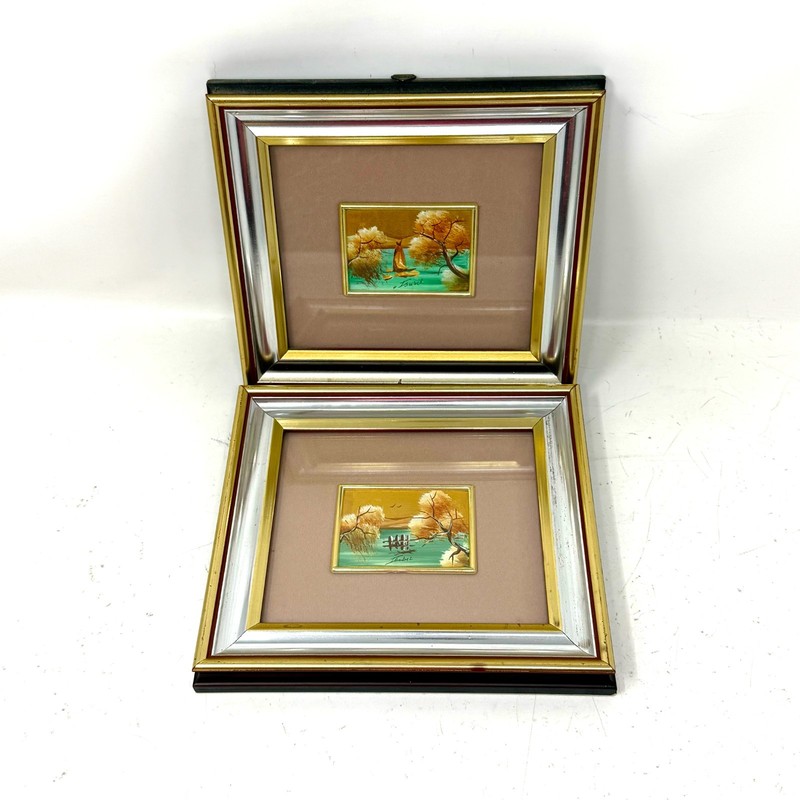2 Vintage Italian Miniature 23kt Gold Leaf Print Signed Isabel Foglia Oro Trees