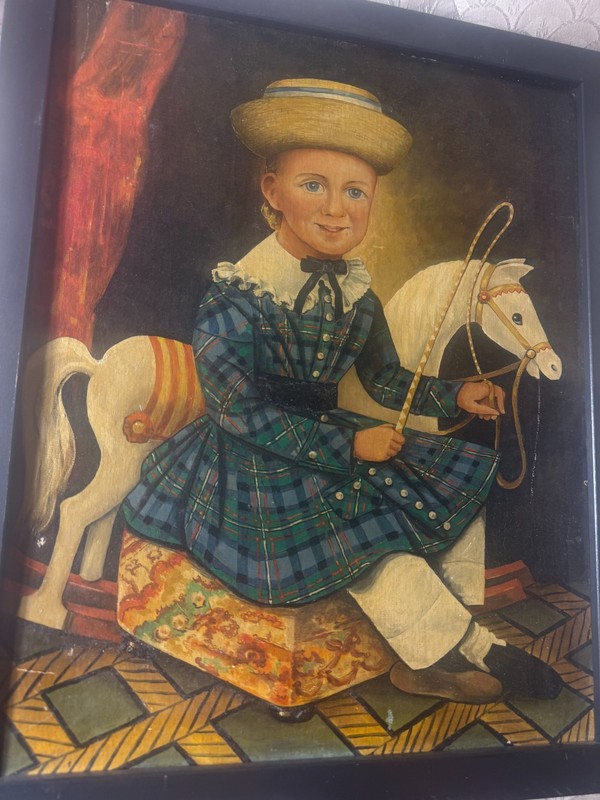 Large "Folk Art Girl And Horse Scene" Oil Painting- Framed gallery