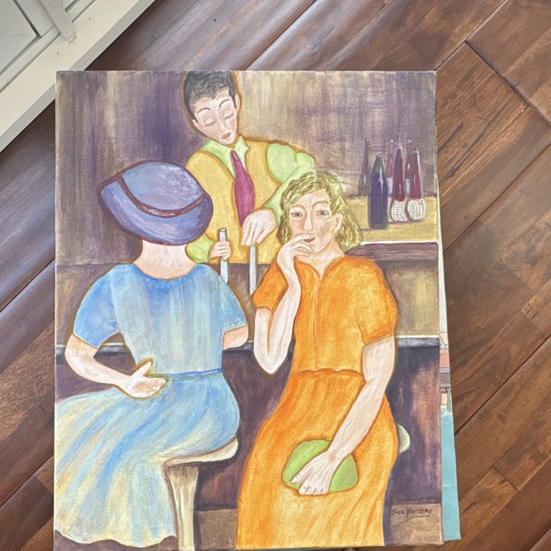 Sara Plummer – Acrylic Painting Women at Bar Scene on Canvas, Unframed Art